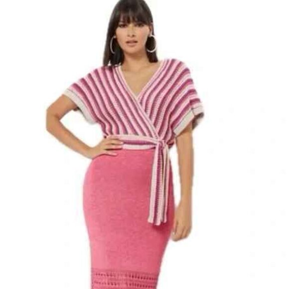 NEW Eva Mendes Teri Multicolor Striped Dolman Sleeve Tie Waist Crochet Knit Top - Picture 2 of 11